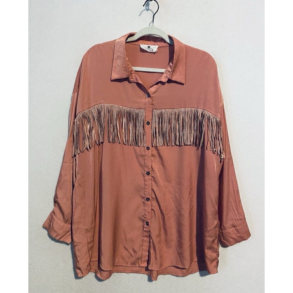 Everyday Chic Boutique Top Womens 1X Pink Beaded Fringe Button Up Western Boho